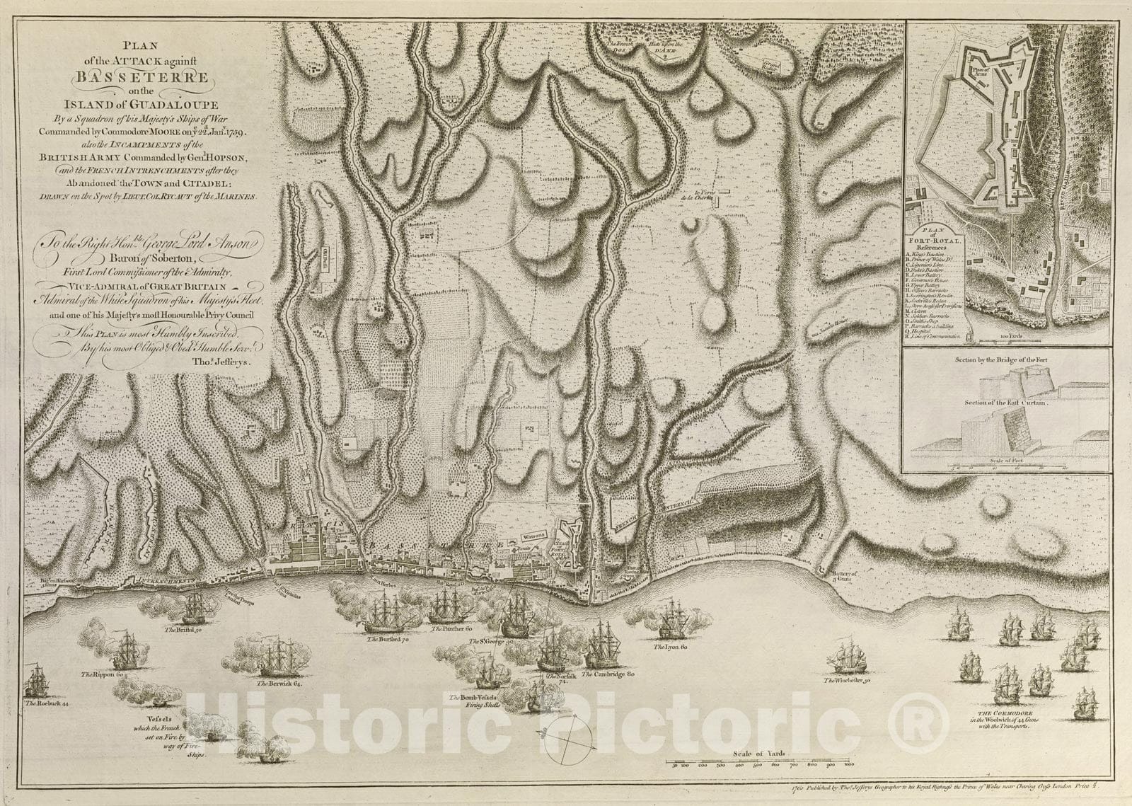 Historical Map, Plan of The Attack Against Basseterre on The Island of Guadeloupe by a Squadron of his Majesty's Ships of war commanded by Commodore Moore, 1759, Vintage Wall Art