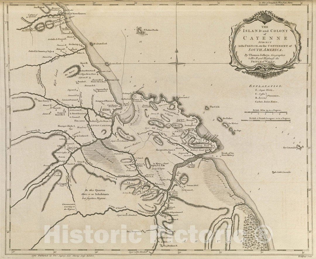 Historical Map, 1768 The Island and Colony of Cayenne Subject to The French, on The Continent of South America, Vintage Wall Art