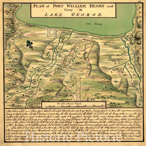 Historical Map, 1755 Plan of Fort William Henry and camp at Lake George, Vintage Wall Art