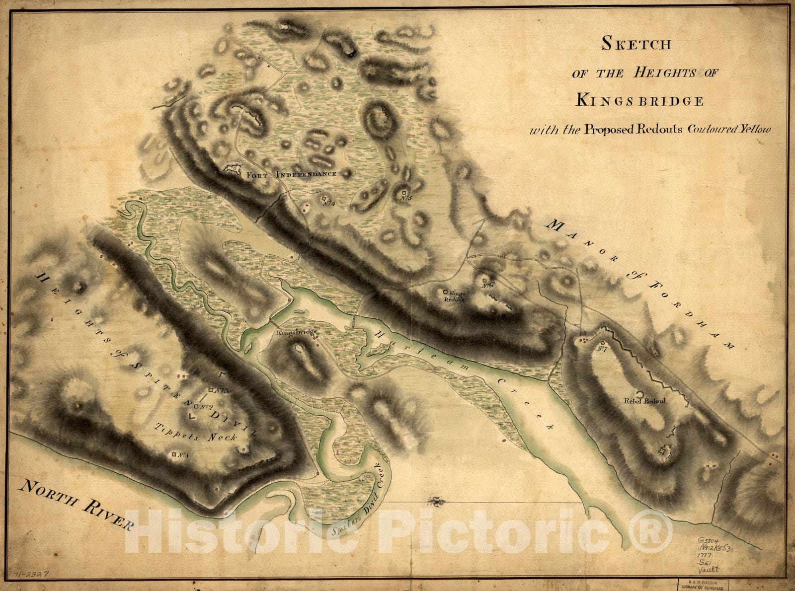 Historical Map, 1777 Sketch of the Heights of Kingsbridge, with the proposed redouts couloured yellow, Vintage Wall Art