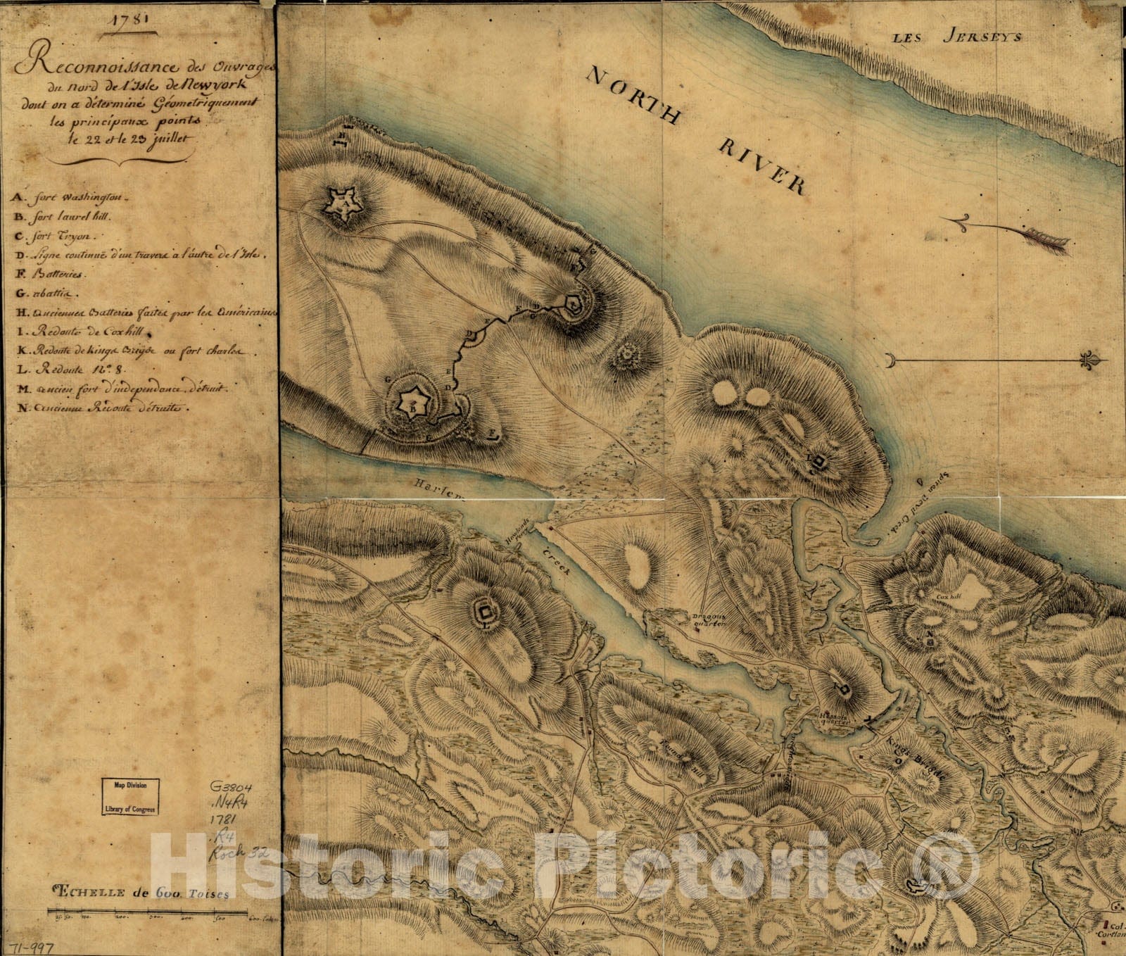 Historical Map, 1781 Reconnoissance des ouvrages du nord de l'Isle de Newyork Dont on a Determine geometriquement les principaux Points le 22 et le 23 juillet, Vintage Wall Art
