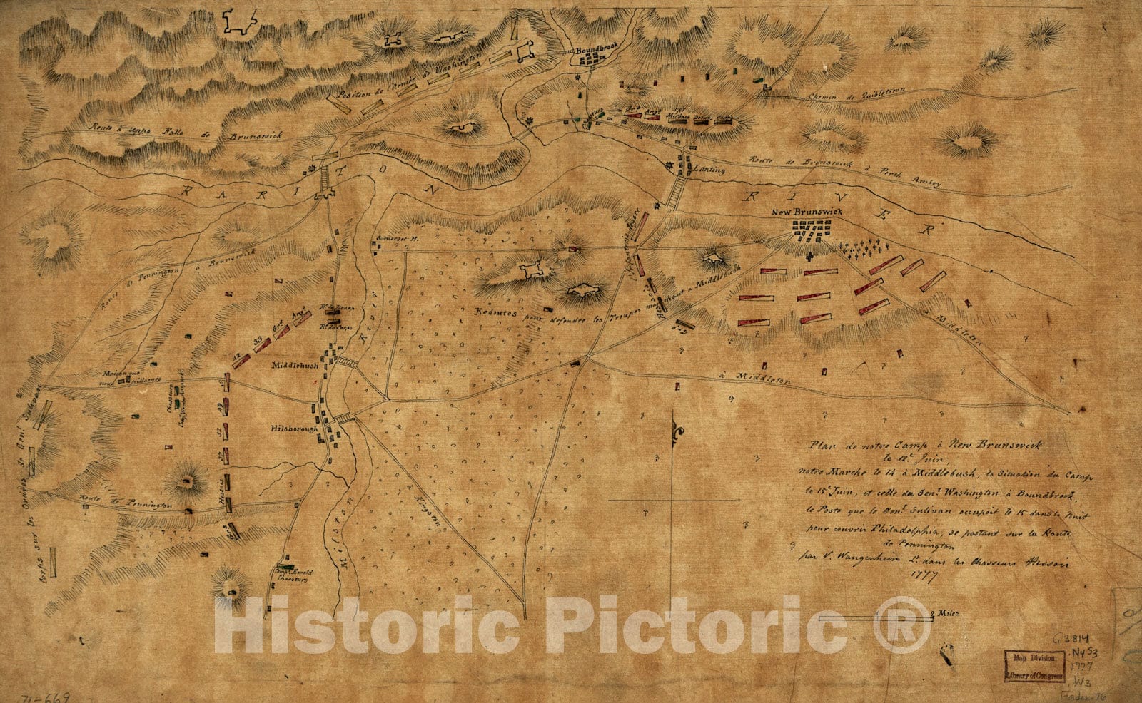 Historical Map, 1777 Plan de Notre Camp a New Brunswick le 12e. juin : Notre Marche le 14 a Middlebush, la Situation du Camp le 15e juin, et cette du Genl. Washington, Vintage Wall Art