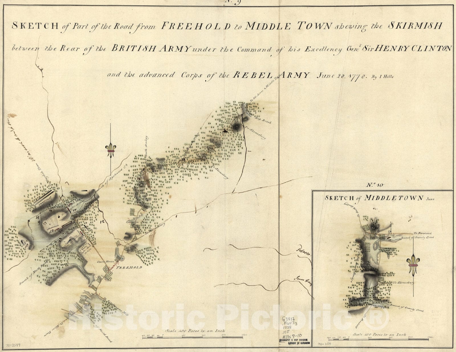 Historical Map, Sketch of part of the road from Freehold to Middle Town : shewing the skirmish between the rear of the British Army, Vintage Wall Art