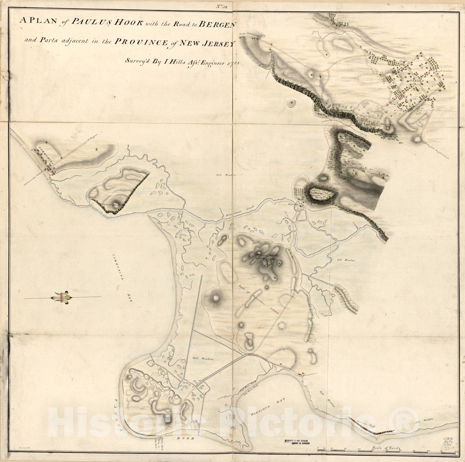 Historical Map, 1781 A Plan of Paulus Hook with The Road to Bergen and Parts Adjacent in The Province of New Jersey, Vintage Wall Art