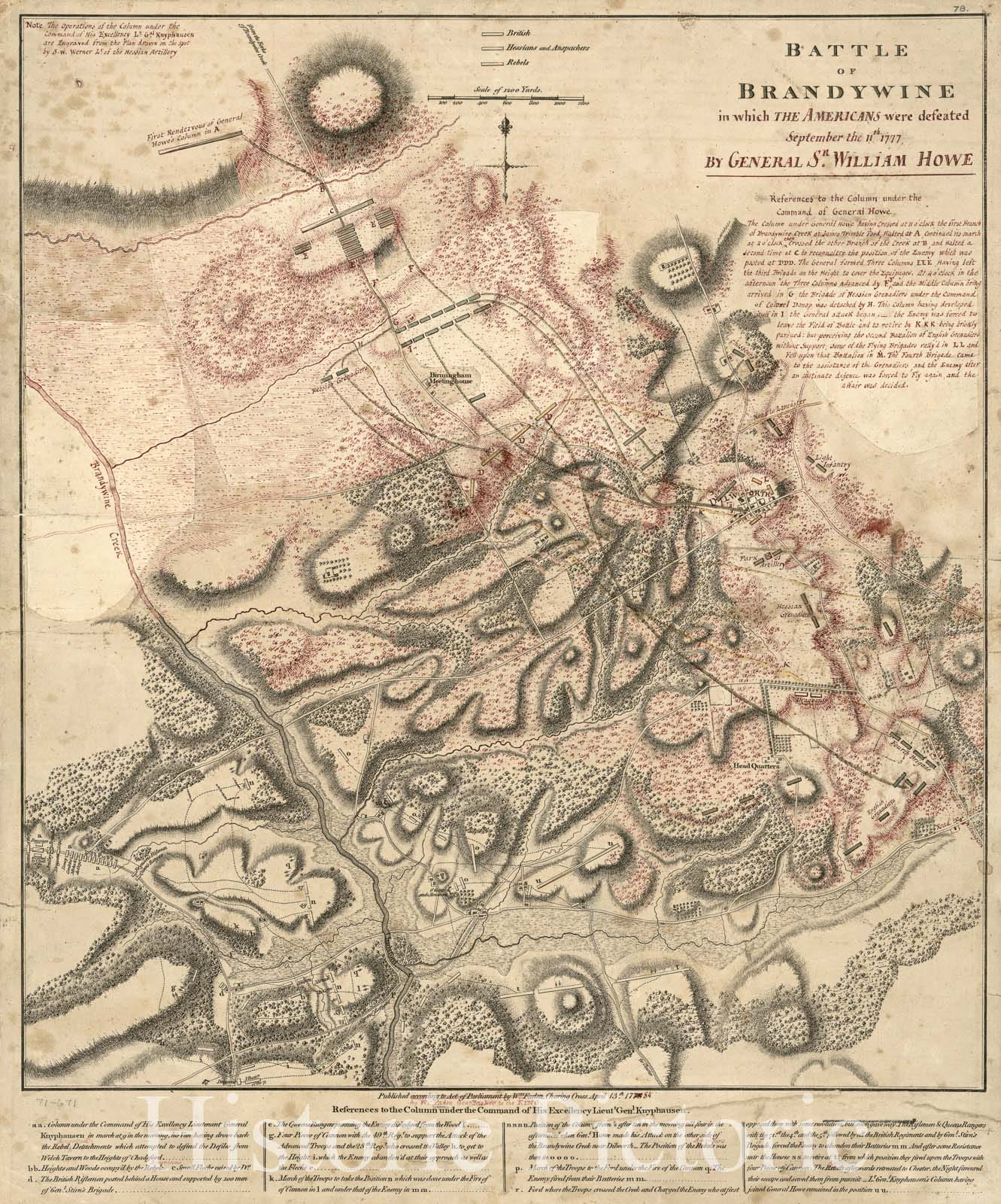 Historical Map, Battle of Brandywine in which The Americans were Defeated : September The 11th, 1777 by General Sr. William Howe, Vintage Wall Art