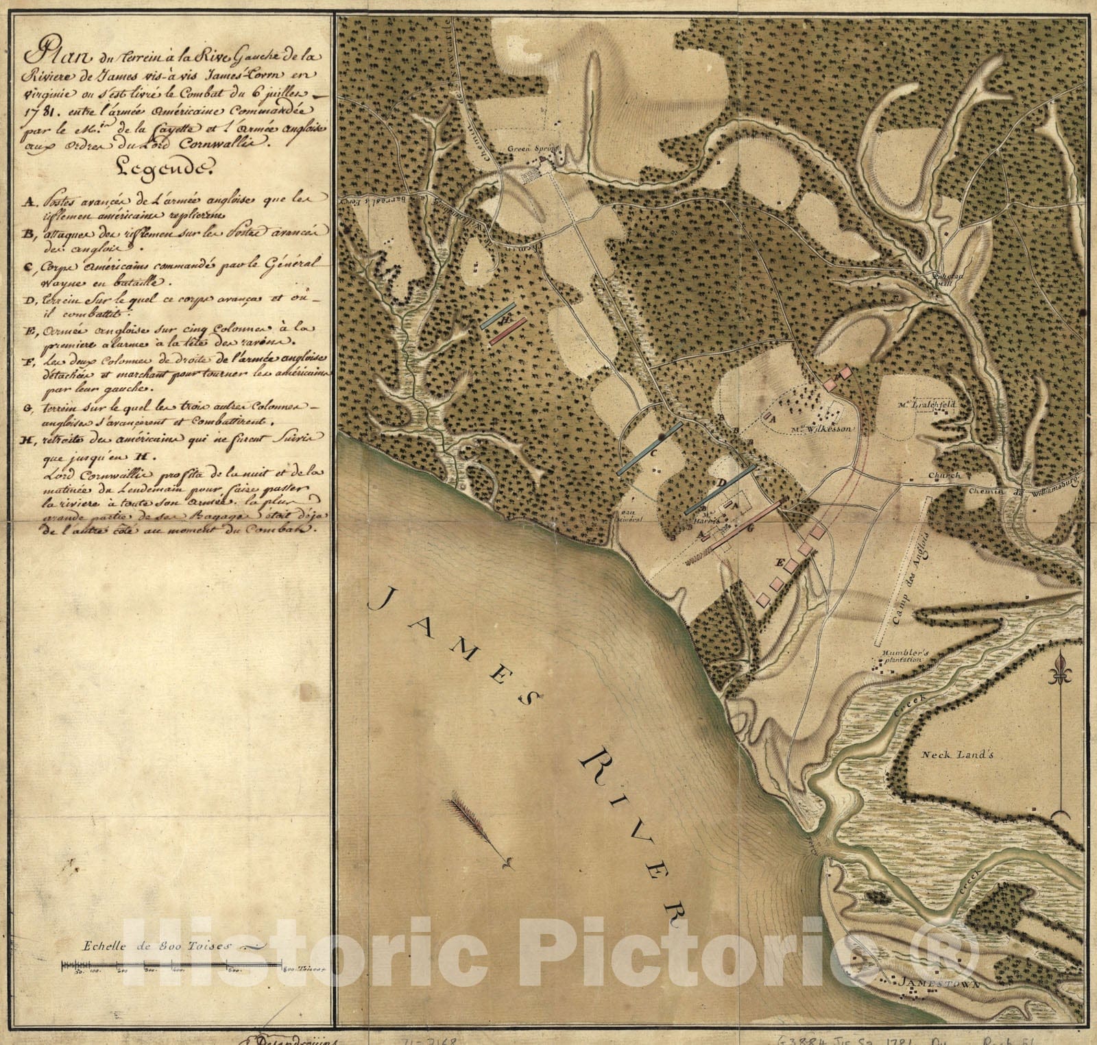 Historical Map, Plan du terrein a la rive Gauche de la rivieI're de James vis-a-vis Jamestown en Virginie : ou s'est Livre le Combat du 6 juillet 1781 Entre l'armeI, Vintage Wall Art