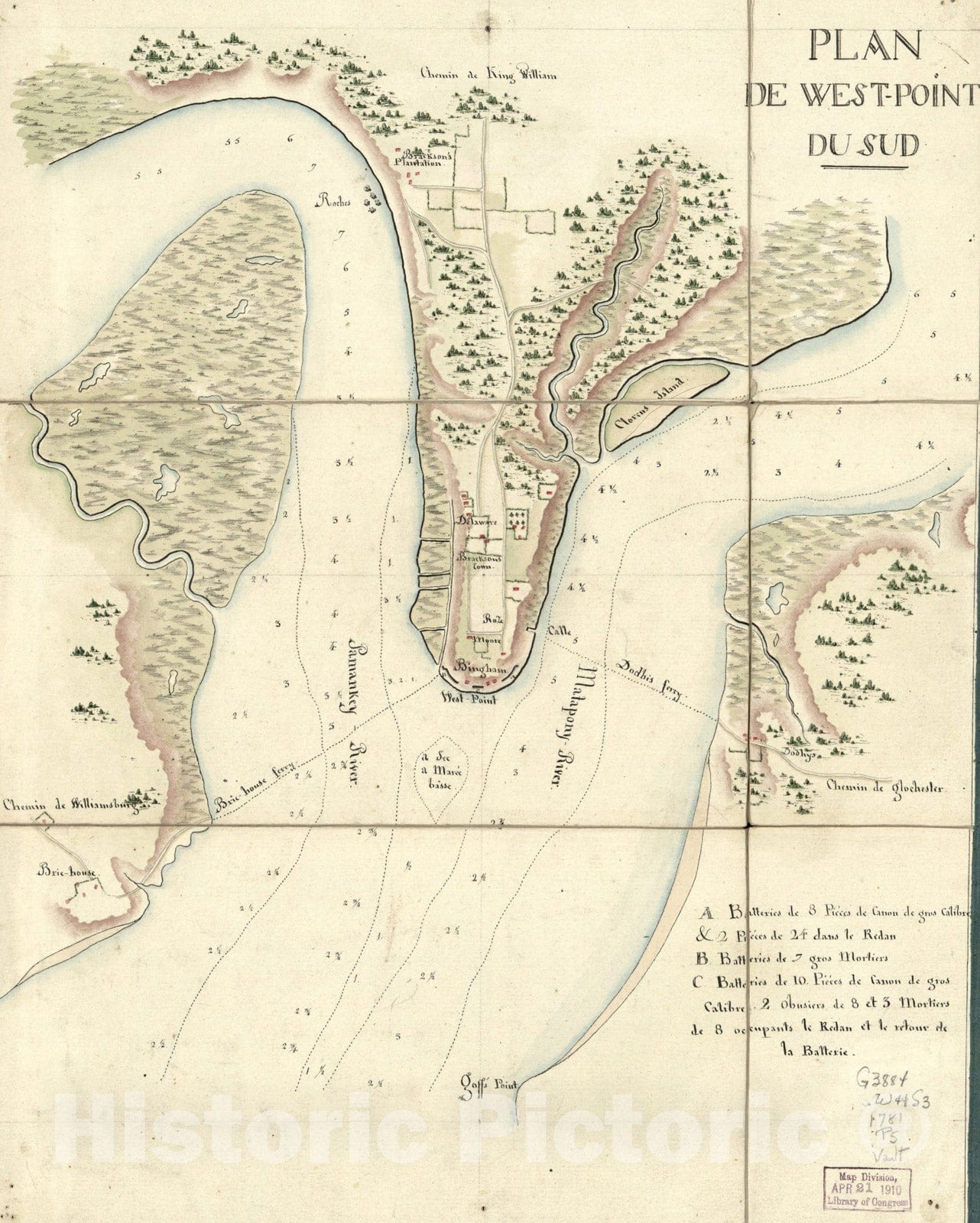 Historical Map, 1781 Plan de West-Point du Sud, Vintage Wall Art