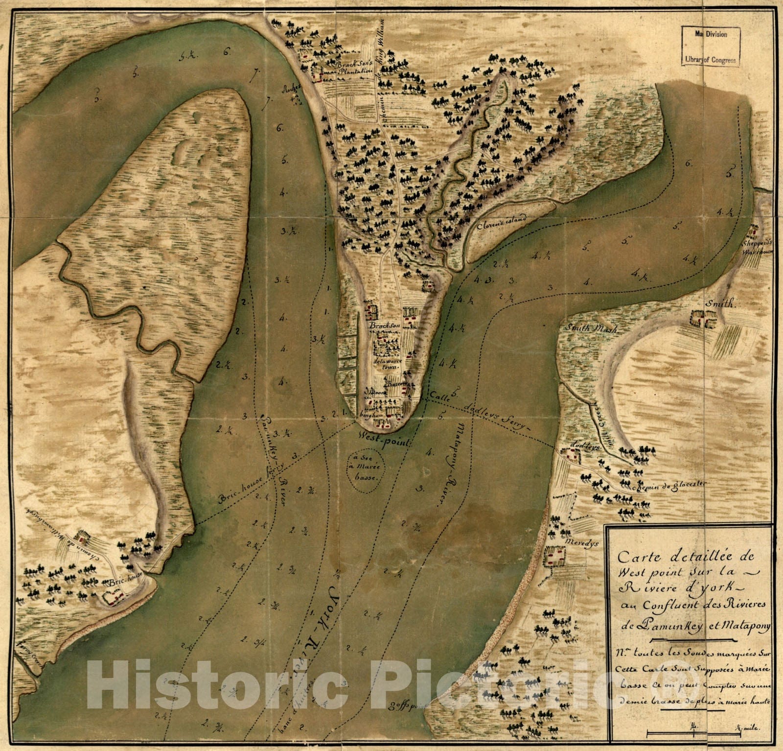 Historical Map, 1781 Carte detaillee de West Point sur la rivieI're d'York au Confluent des RivieI'res de Pamunkey et Matapony, Vintage Wall Art