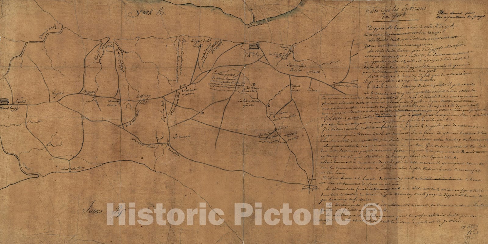Historical Map, 1781 Notes sur les Environs de York: Plan Donne par des arpenteurs du Pays, Vintage Wall Art