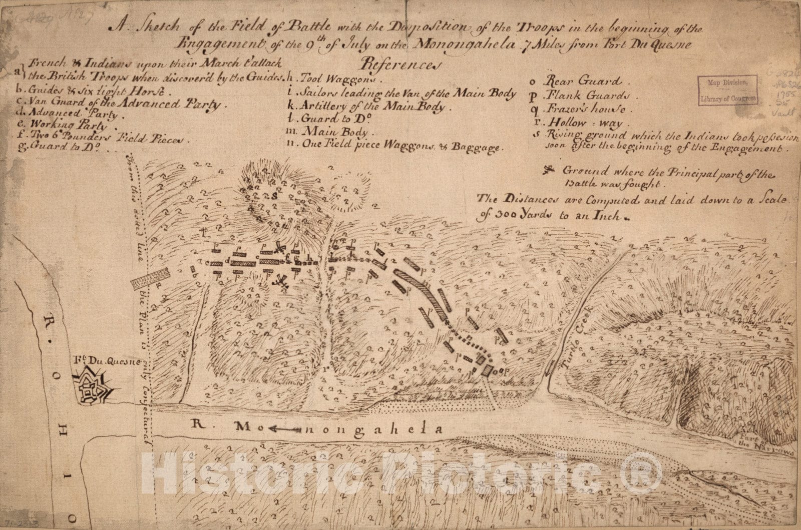 Historical Map, 1755 A sketch of the field of battle with the disposition of the troops in the beginning of the engagement of the 9th of July, Vintage Wall Art