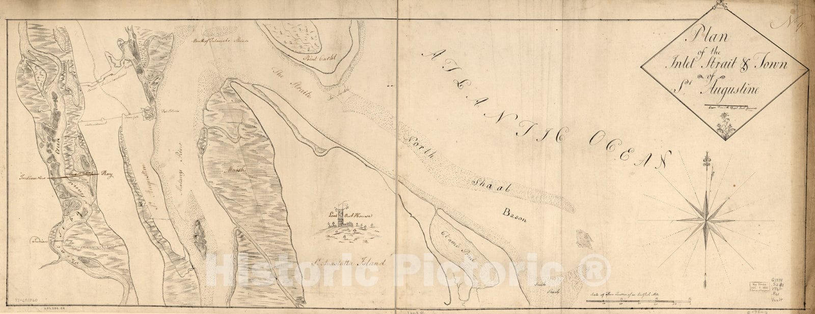 Historical Map, 1760-1769 Plan of The Inlet, Strait, Town of St. Augustine, Vintage Wall Art
