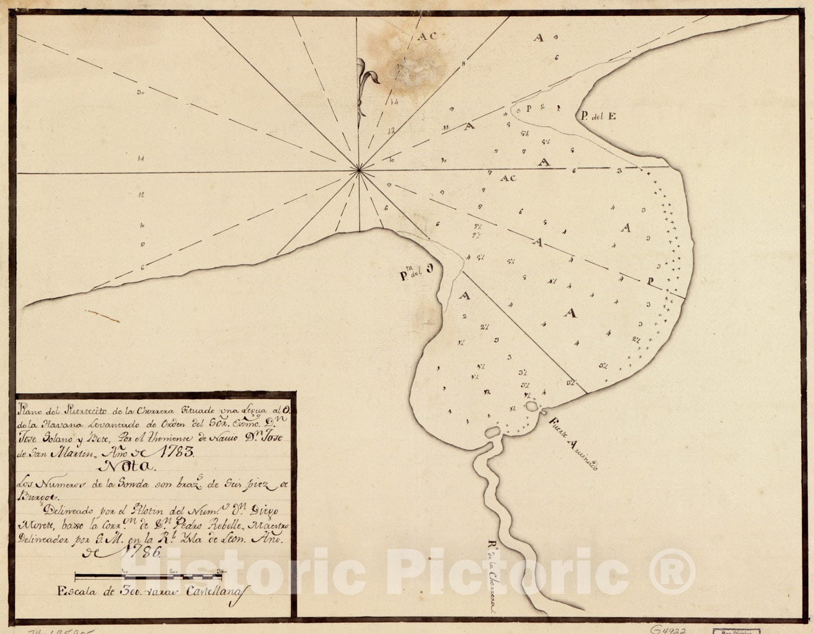 Historical Map, 1783 Plano del puertecito de la Chorrera cituado UNA legua al O. de la Havana, Vintage Wall Art