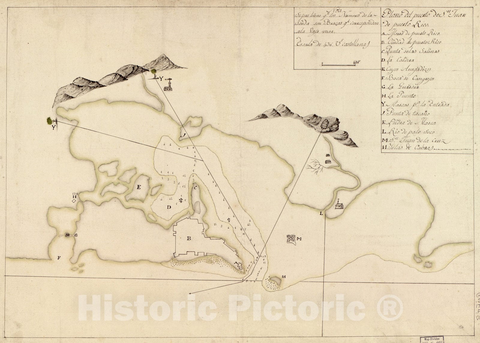 Historical Map, 1780 Plano del Puerto de Sn. Juan de Puerto Rico, Vintage Wall Art