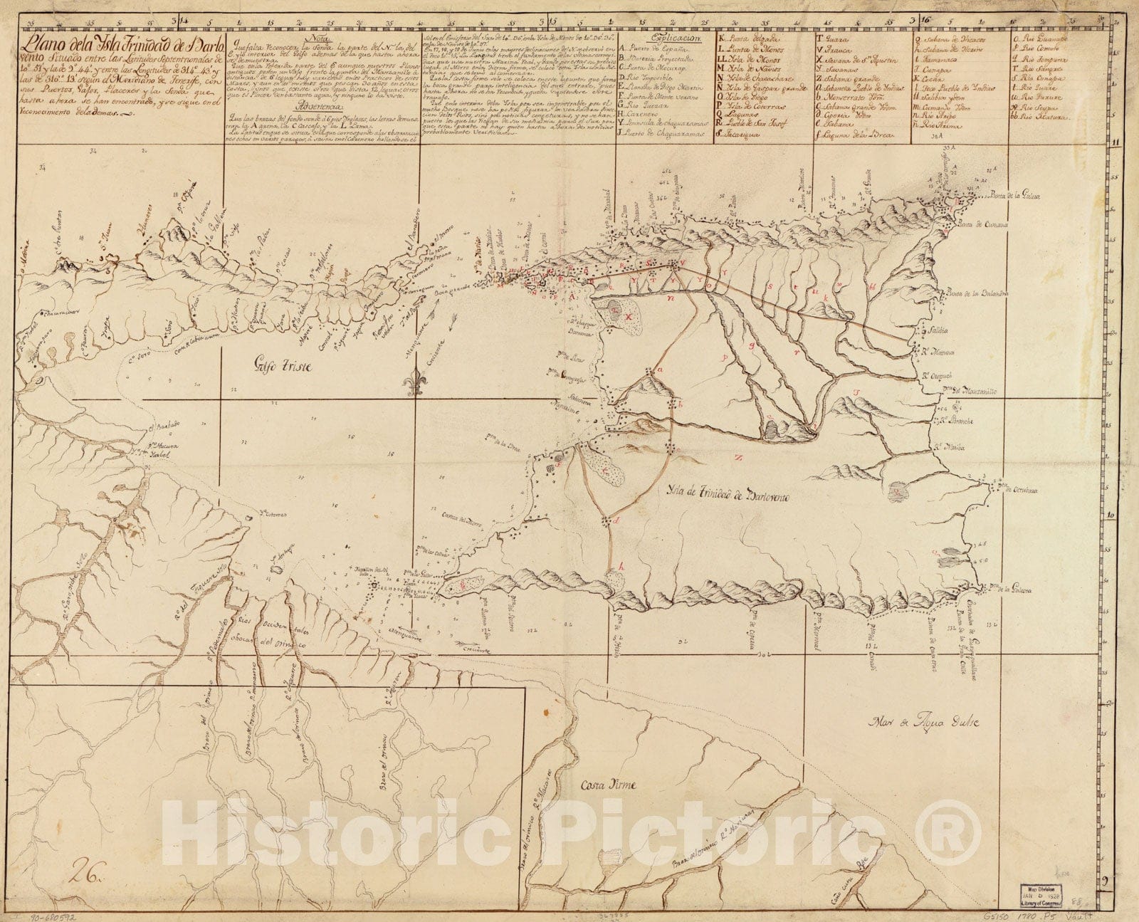 Historical Map, c.1780 Plano de la Ysla Trinidad de Barlovento situado Entre las latitudes septentrionales de 10aÂ°51EÂ¹ y la de 9aÂ°44EÂ¹ y Entre las longitudes de 314aÂ°43EÂ¹ Reprint