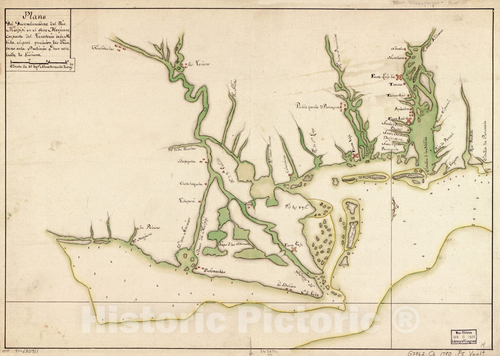 Historical Map, c.1780 Plano del desembarcadero del RiIo Misipipi en el Seno Megicano con Parte del Territorio de la Mobila, el qual yncluien Los Franceses, Vintage Wall Art