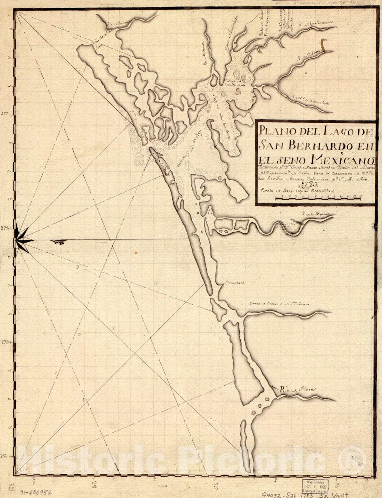 Historical Map, 1783 Plano del Lago de San Bernardo en el Seno Mexicano, Vintage Wall Art