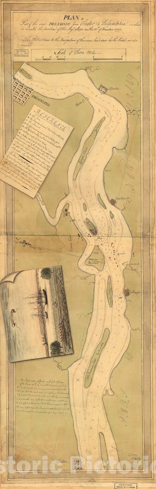 Historical Map, Plan of pof The River Delaware from Chester to Philadelphia : in which is mark'd The Position of His Majs. Ships on The 15th. of November 1777, Vintage Wall Art