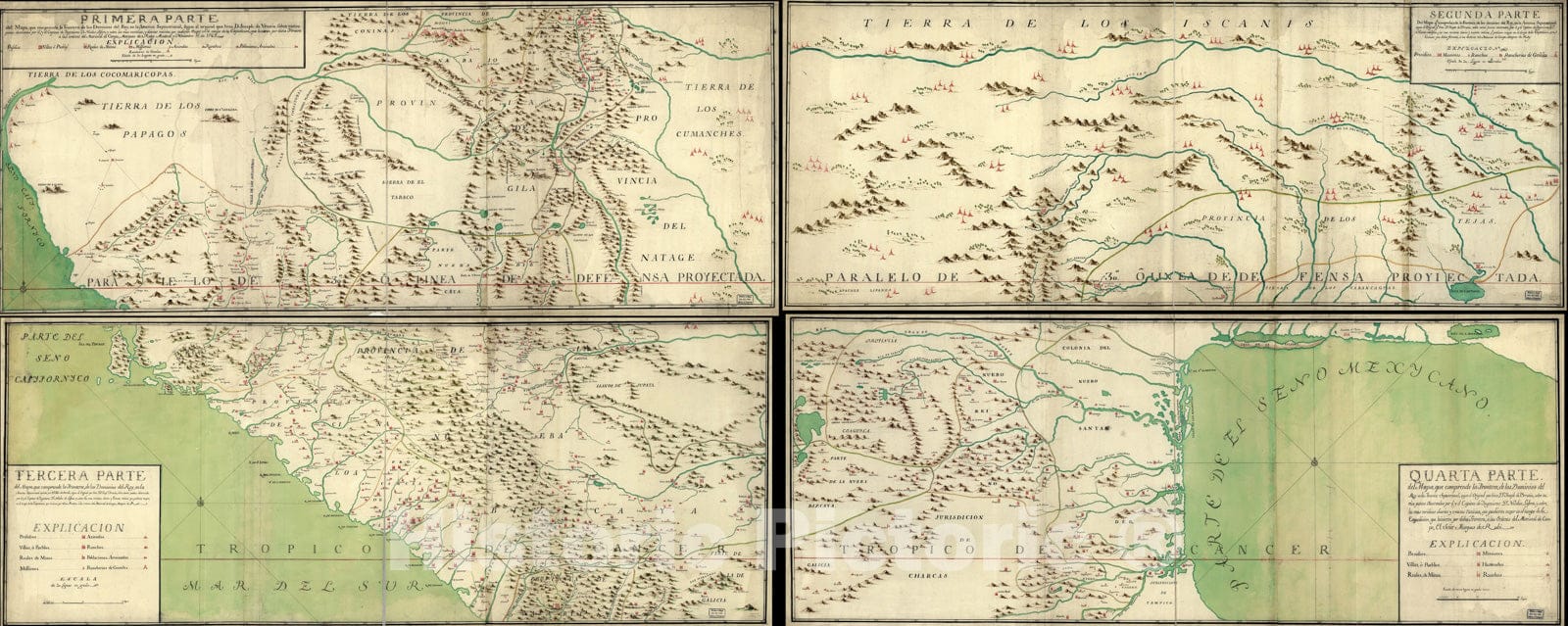 Historical Map, 1769 Mapa, que comprende la Frontera, de Los Dominios del Rey, en la America Septentrional, Vintage Wall Art