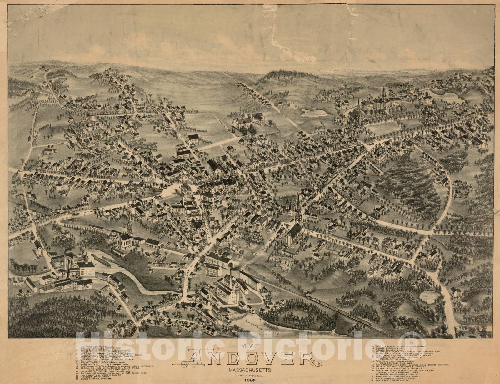 Historical Map, View of Andover, Massachusetts : 1882, Vintage Wall Art