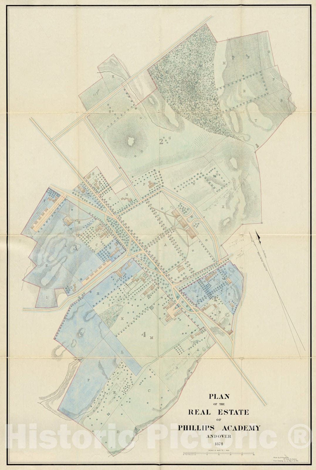 Historical Map, 1874 Plan of The Real Estate of Phillips Academy, Andover, Vintage Wall Art