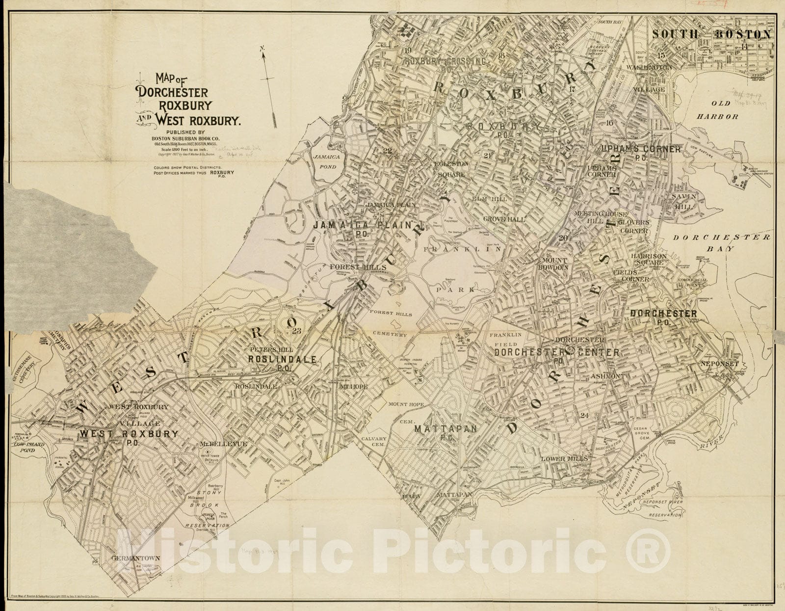 Historical Map, 1907 Map of Dorchester, Roxbury, and West Roxbury, Vintage Wall Art