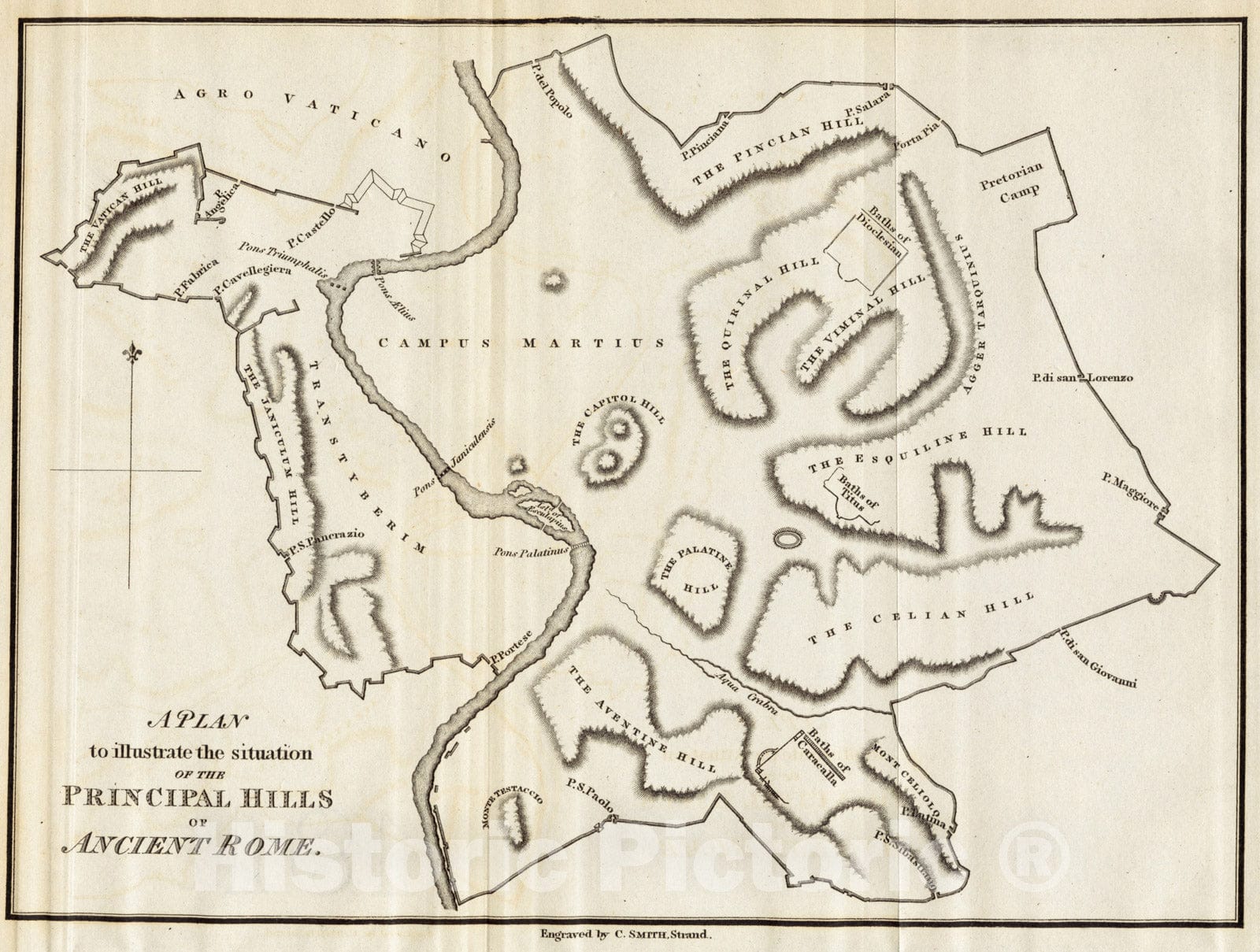 Historical Map, 1821 A Plan to illustrate The Situation of The Principal Hills of Ancient Rome, Vintage Wall Art
