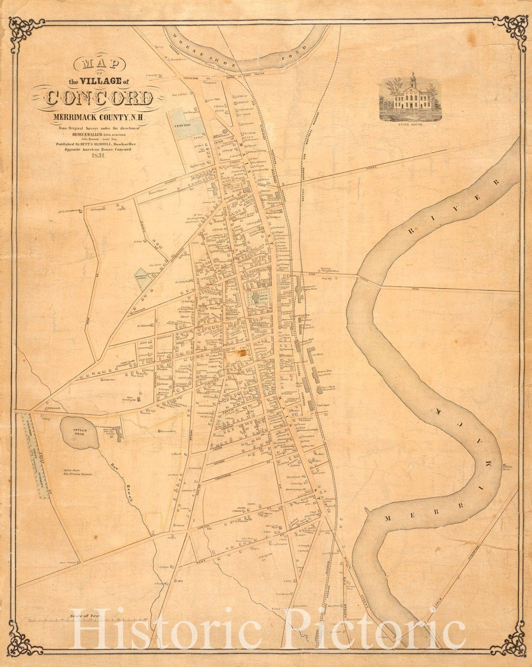 Historical Map, 1851 Map of The Village of Concord, Merrimack County, N.H, Vintage Wall Art