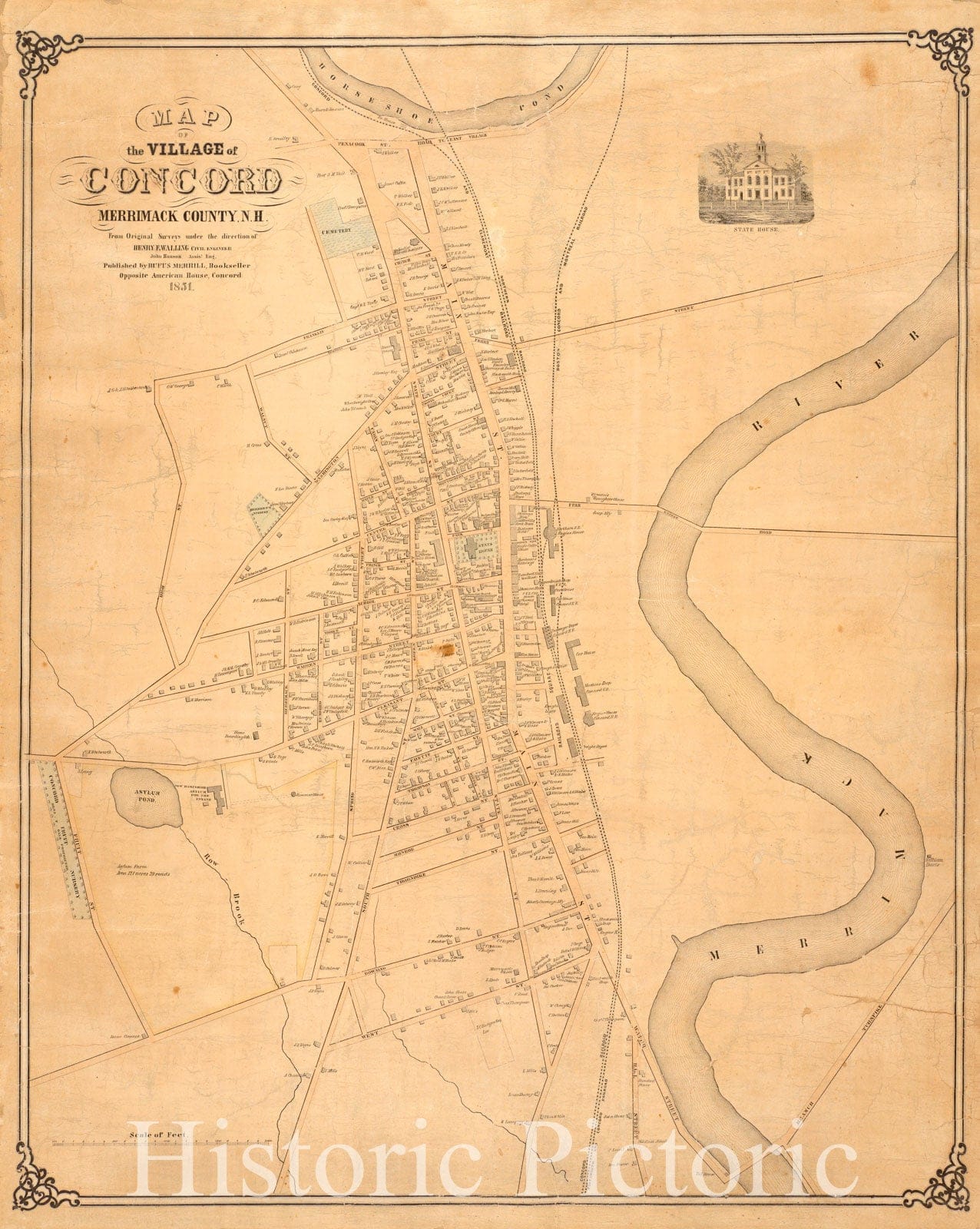 Historical Map, 1851 Map of The Village of Concord, Merrimack County, N.H, Vintage Wall Art