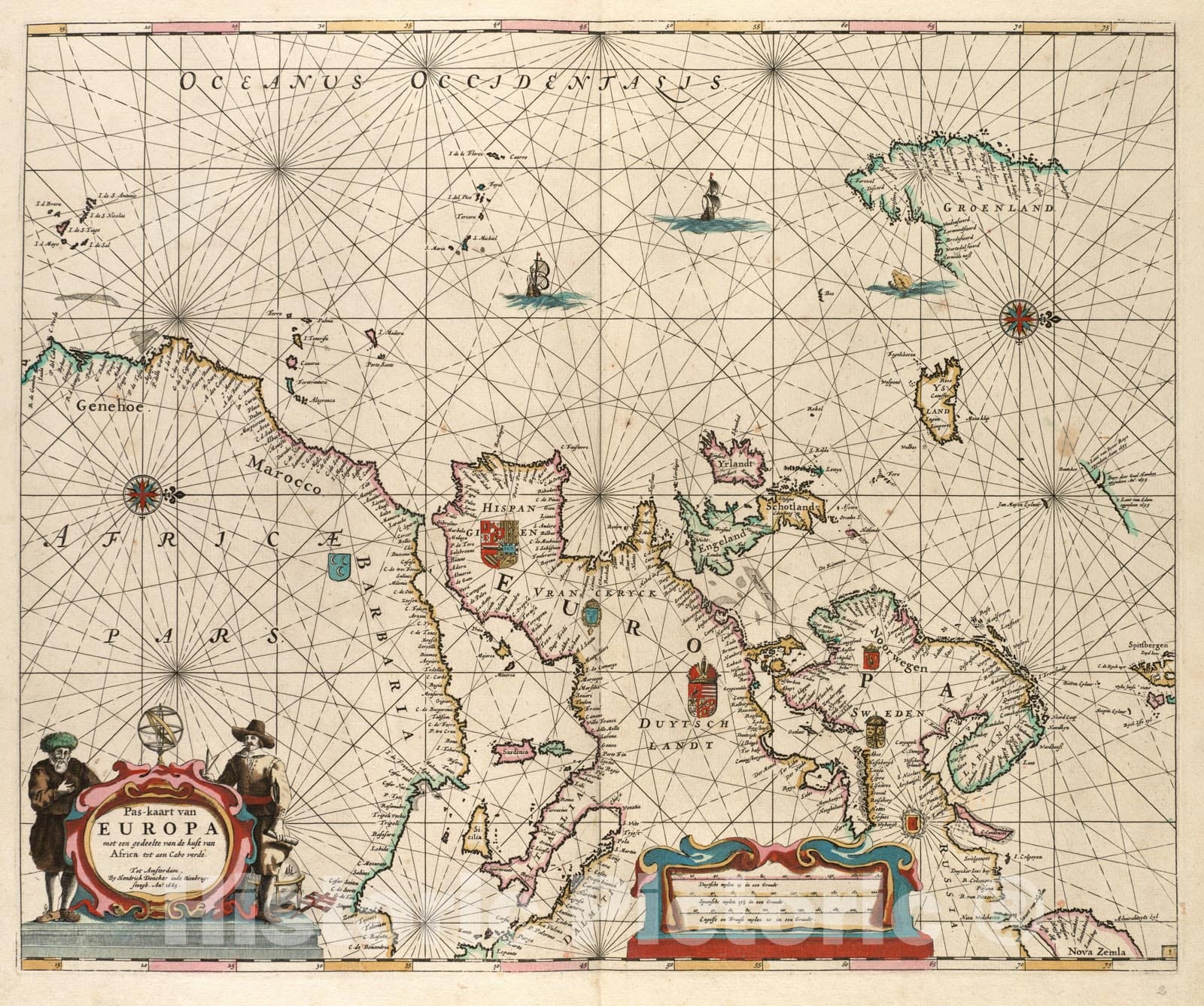 Historical Map, 1665 Pas-kaart Van Europa met EEN gedeelte Van de kust Van Africa tot aen Cabo Verde, Vintage Wall Art