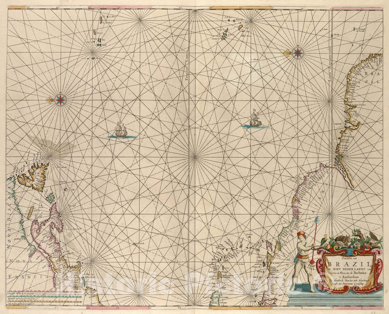Historical Map, 1660 Pascaerte Van Brazil en Nieu Nederlandt, Van Corvo en Flores tot de Barbados, Vintage Wall Art