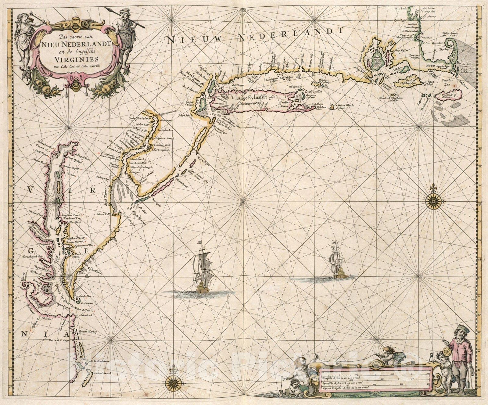 Historical Map, 1672 Pas caerte Van Nieu Nederlandt en de Engelsche Virginies Van Cabo Cod tot Cabo Canrick, Vintage Wall Art