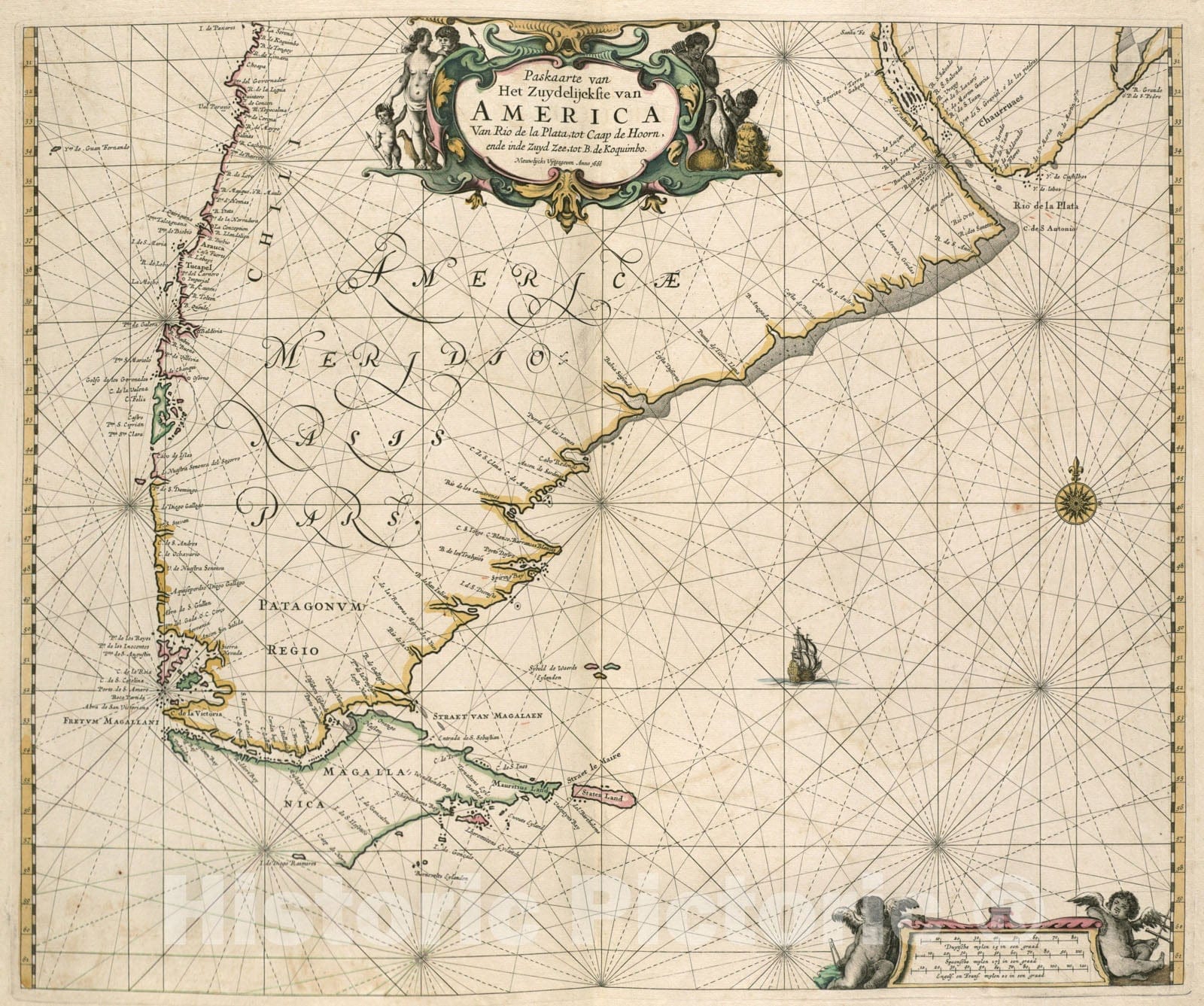 Historical Map, 1672 Paskaarte Van Het Zuydelijckste Van America Van Rio de la Plata, tot Caap de Hoorn, ende inde Zuyd Zee, tot B. de Koquimbo, Vintage Wall Art