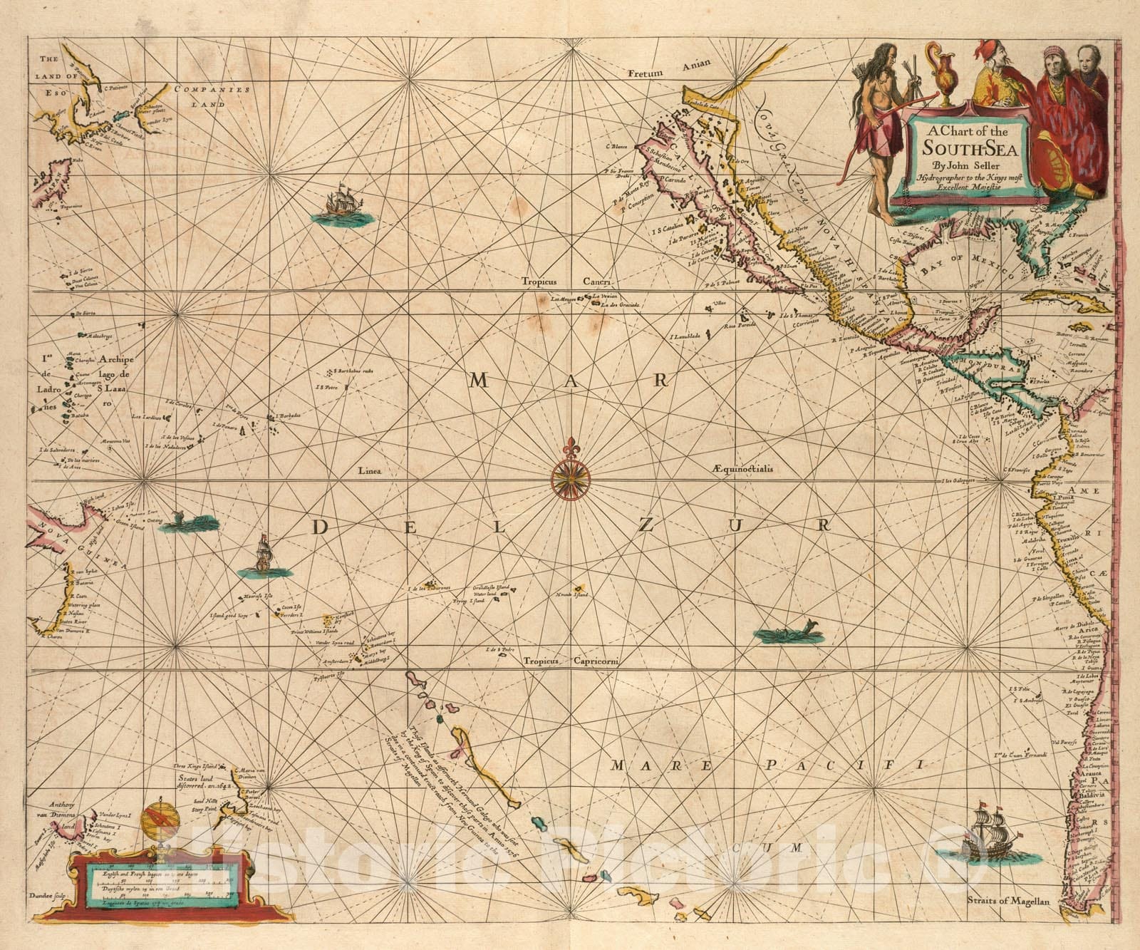 Historical Map, 1672 A Chart of The South Sea, Vintage Wall Art