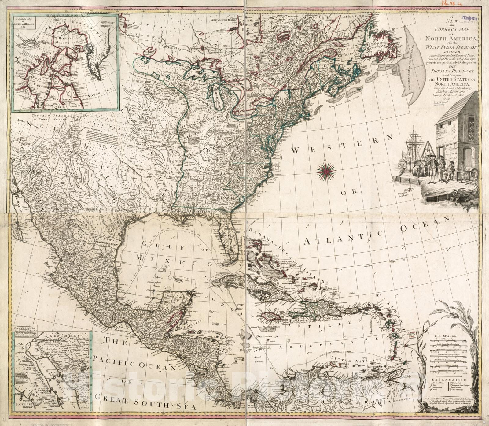 Historical Map, A New and Correct map of North America, with The West India Islands : Divided According to The Last Treaty of Peace, concluded at Paris, 1783, Vintage Wall Art