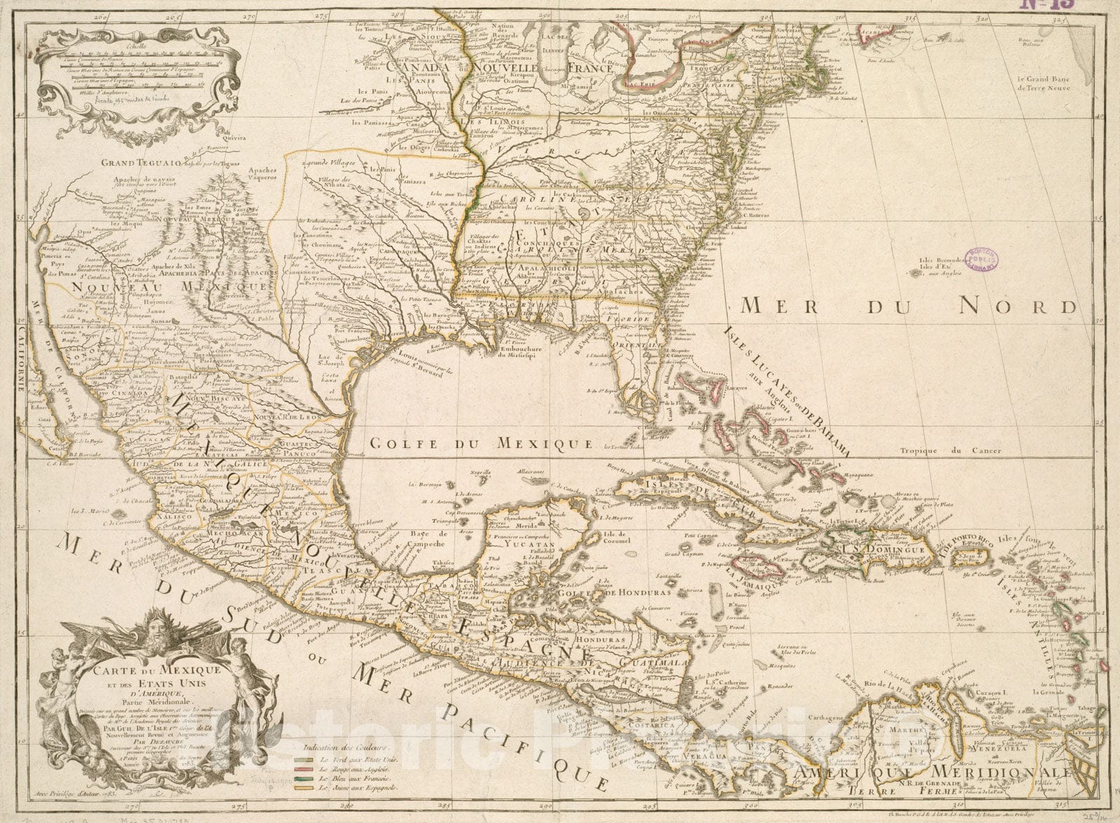 Historical Map, 1783 Carte du Mexique et des Etats UNIS d'Amerique, Partie meridionale, Vintage Wall Art