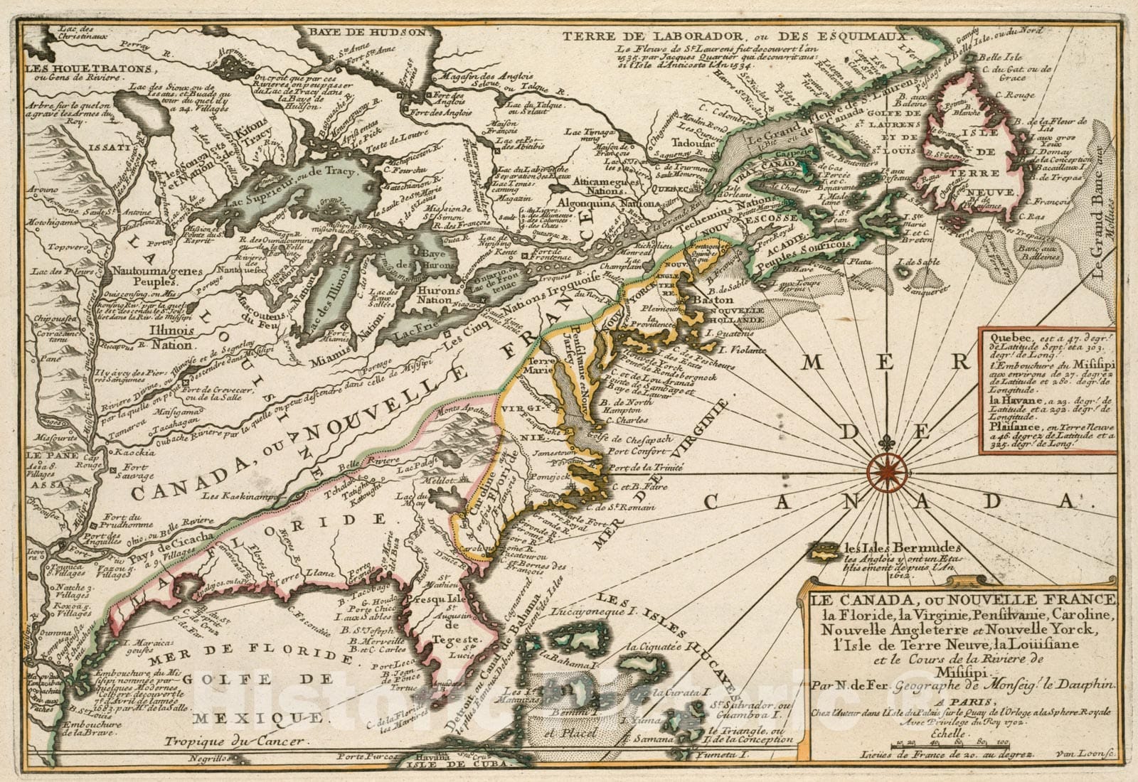Historical Map, 1702 Le Canada, ou Nouvelle France, la Floride, la Virginie, Pensilvanie, Caroline, Nouvelle Angleterre et Nouvelle Yorck, l'Isle de Terre Neuve, Vintage Wall Art