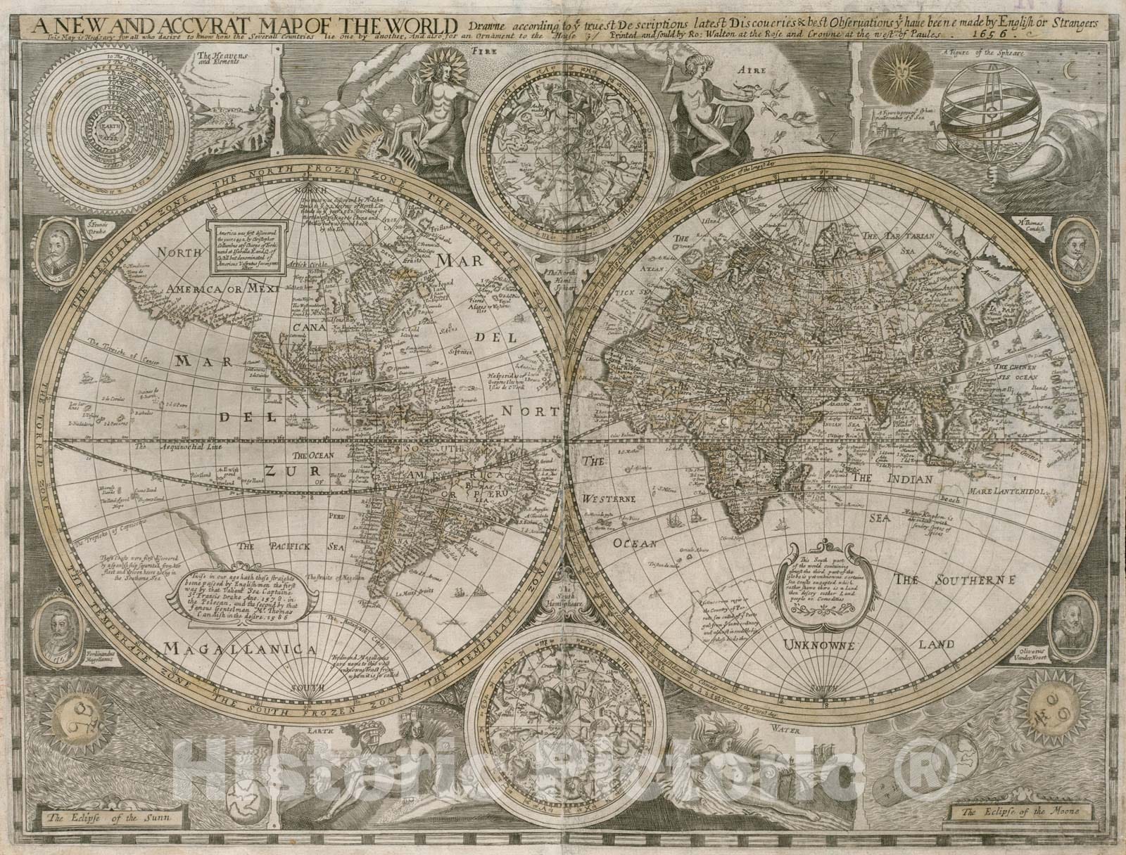 Historical Map, 1656 A new and accurat map of the world drawne according to ye truest descriptions latest discoveries, Vintage Wall Art