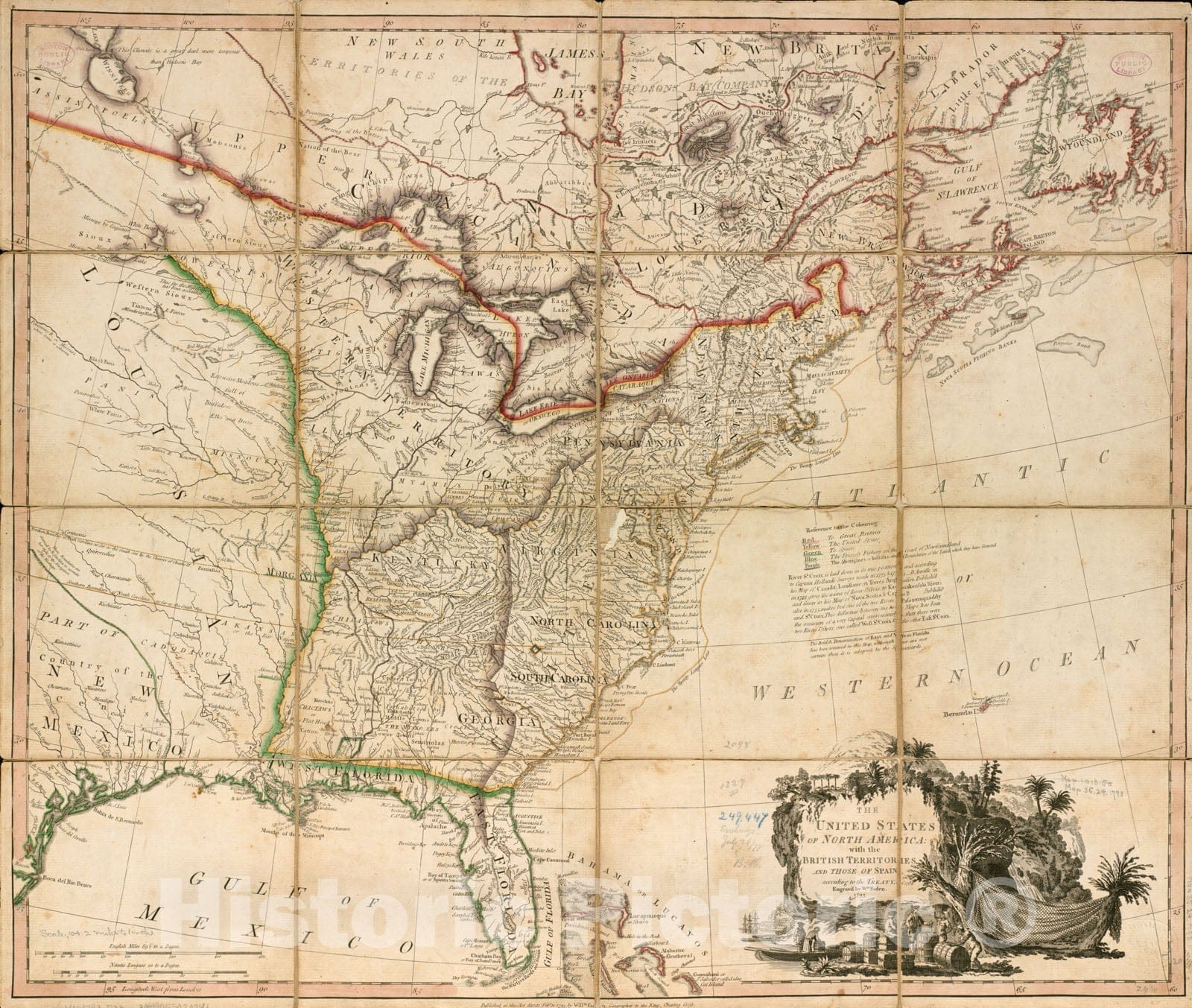 Historical Map, The United States of North America : with The British Territories and Those of Spain According to The Treaty of 1784, Vintage Wall Art