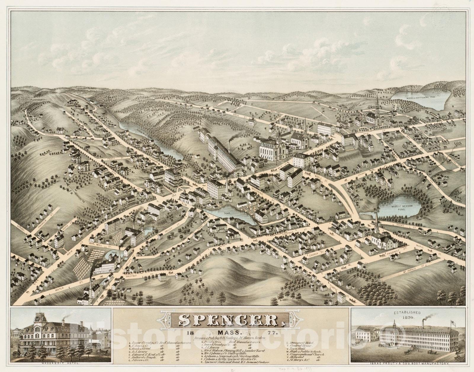 Historical Map, Spencer, Mass : 1877, Vintage Wall Art