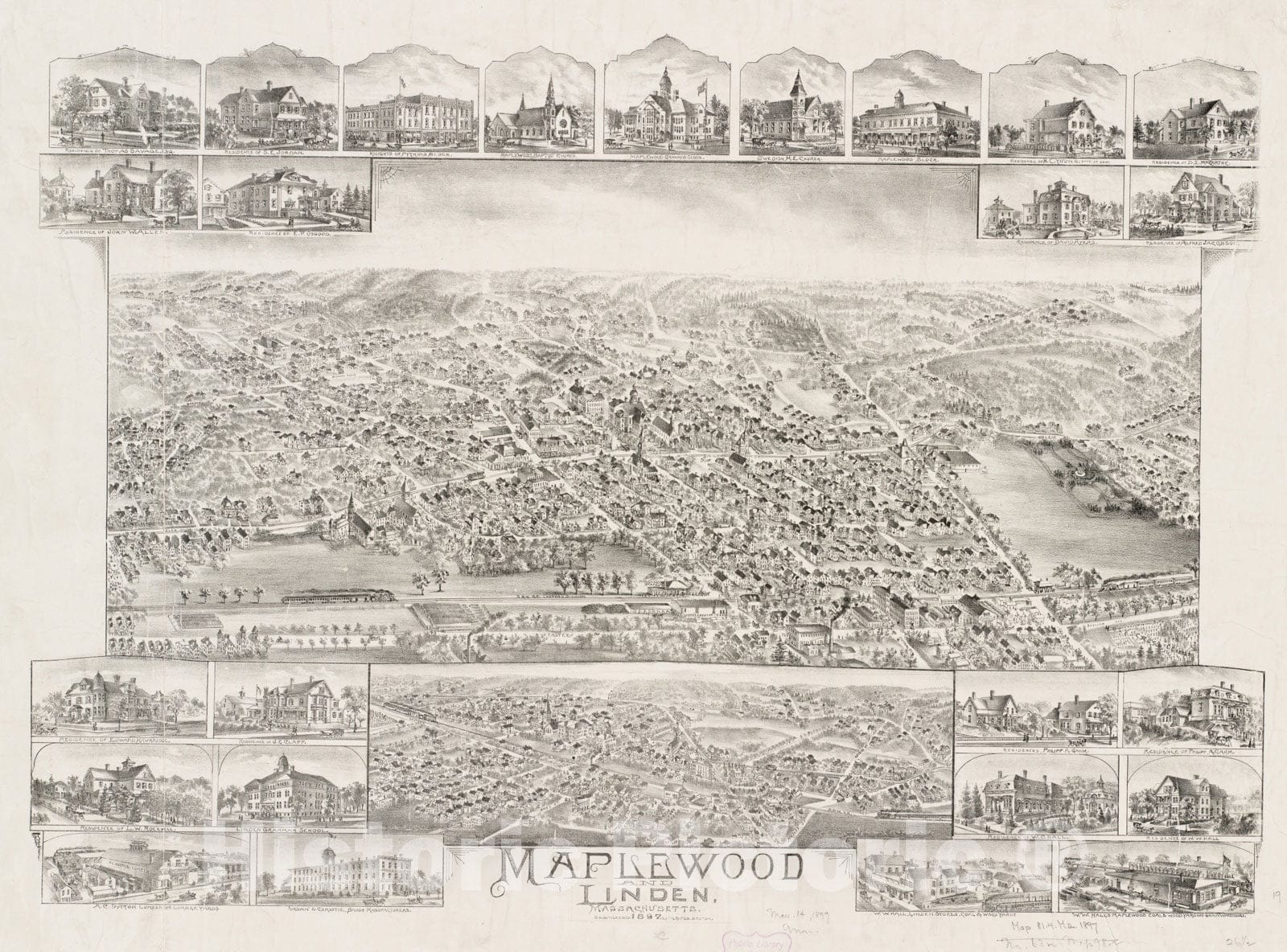 Historical Map, Maplewood and Linden, Massachusetts, 1897, Vintage Wall Art