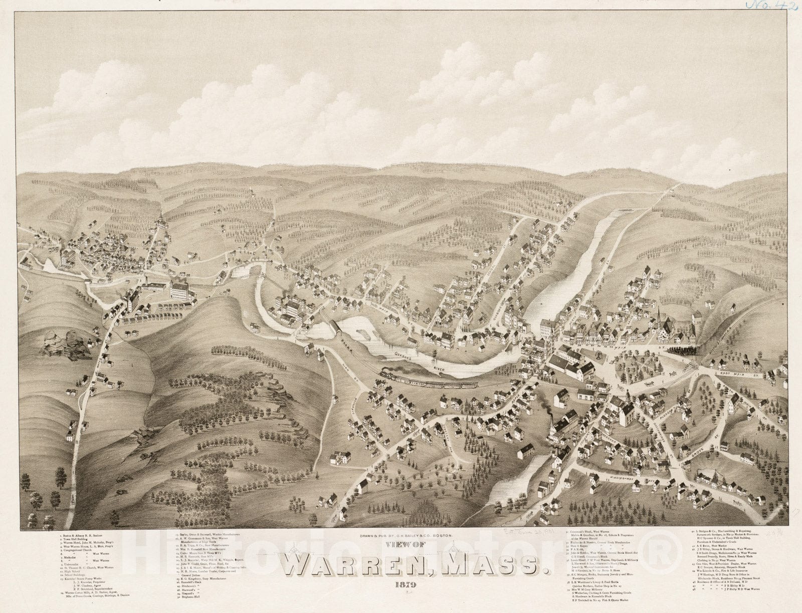 Historical Map, View of Warren, Mass : 1879, Vintage Wall Art