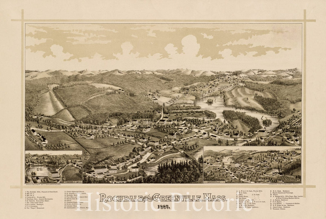 Historical Map, Rochdale and Greenville, Mass : 1887, Vintage Wall Art