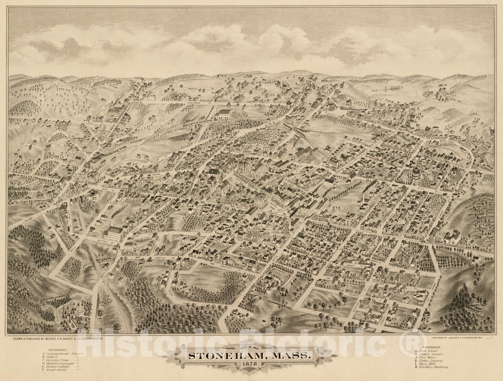 Historical Map, View of Stoneham, Mass : 1878, Vintage Wall Art