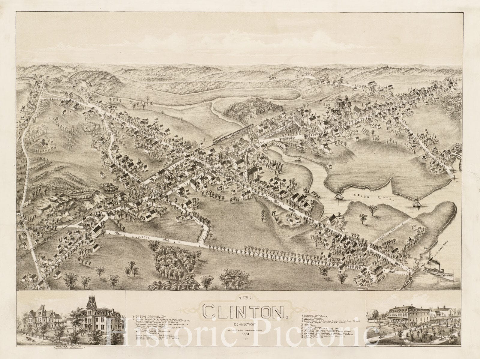 Historical Map, View of Clinton, Connecticut : 1881, Vintage Wall Art