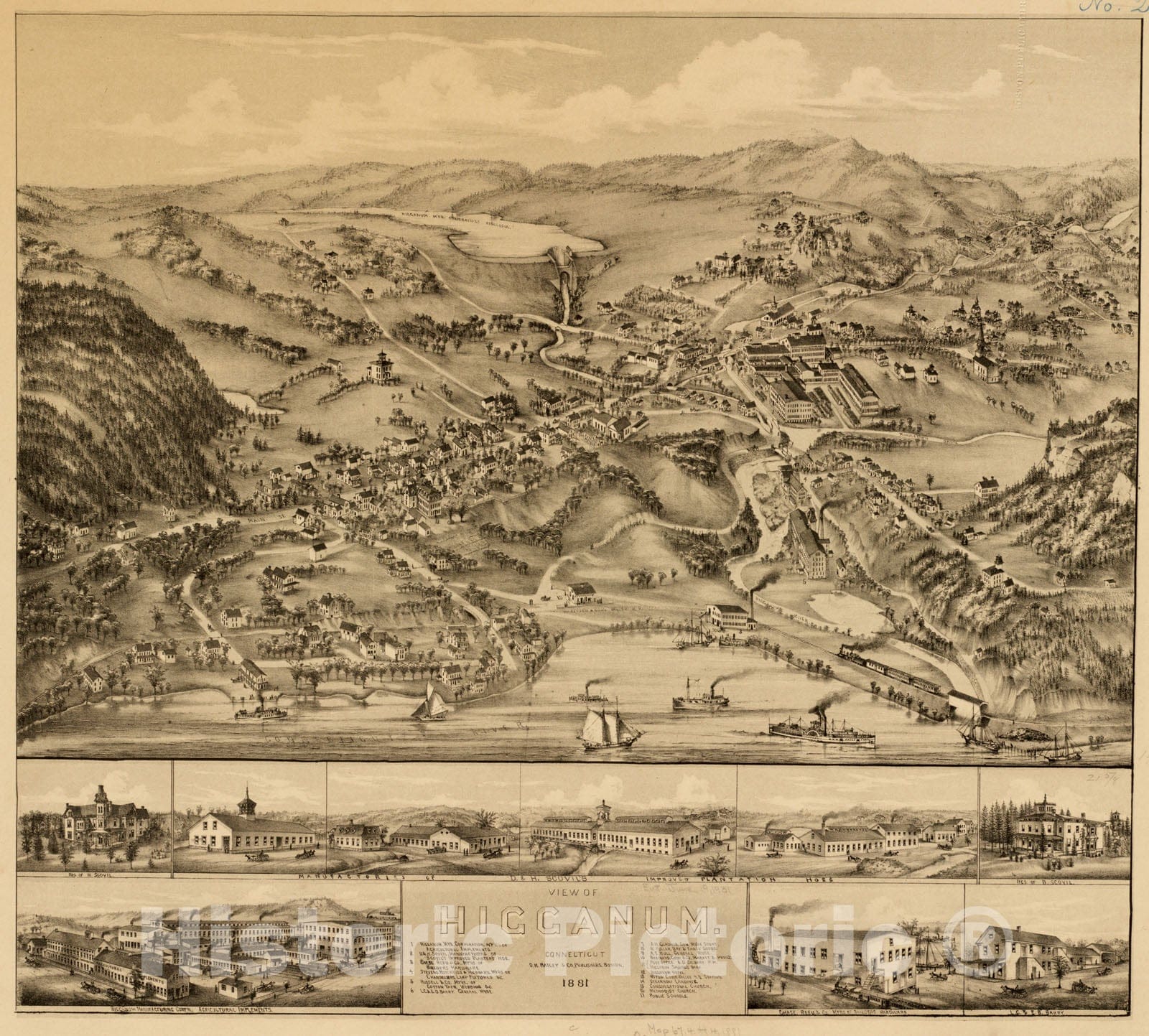 Historical Map, View of Higganum, Connecticut : 1881, Vintage Wall Art