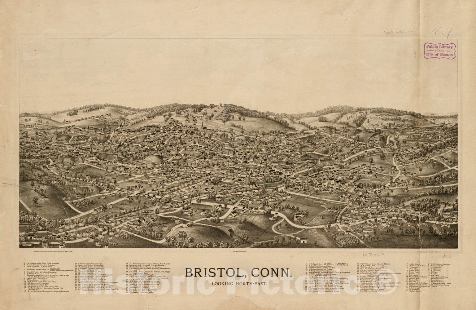 Historical Map, 1889 Bristol, Conn : Looking North-East, Vintage Wall Art