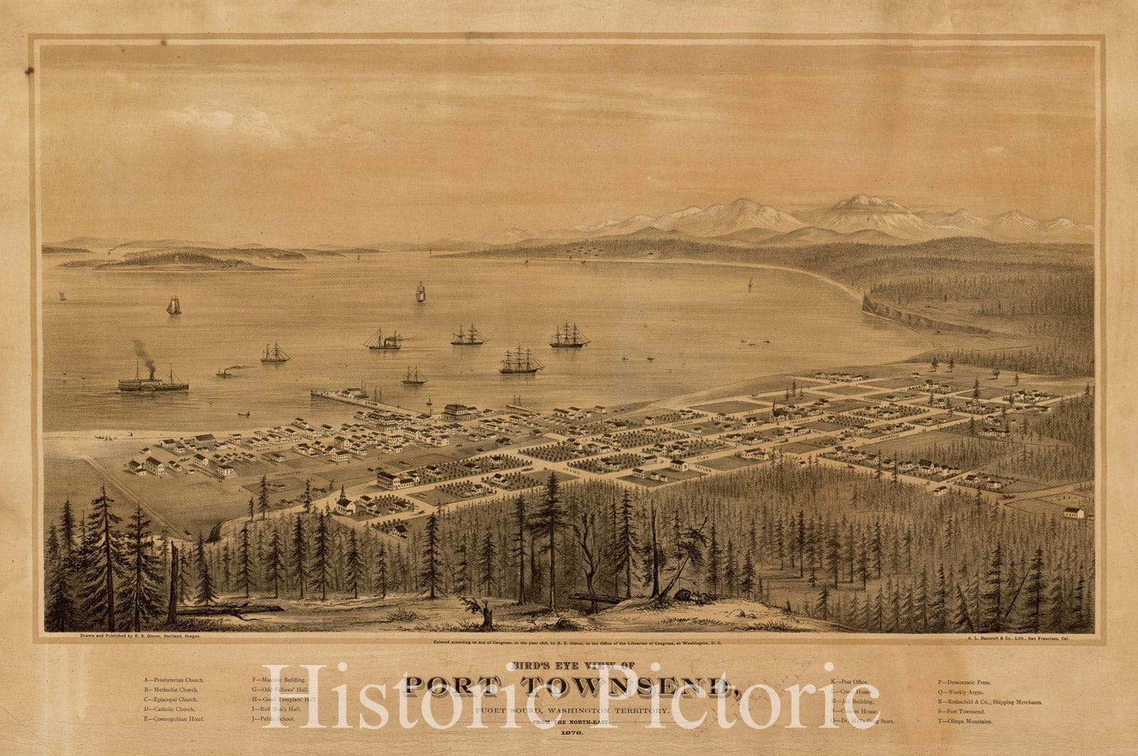 Historical Map, Bird's eye view of Port Townsend, Puget Sound, Washington Territory : from the north-east, 1878, Vintage Wall Art