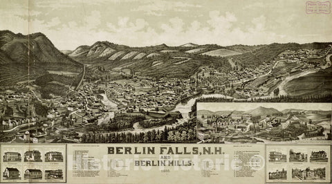 Historical Map, Berlin Falls, N.H, and Berlin Mills : 1888, Vintage Wall Art