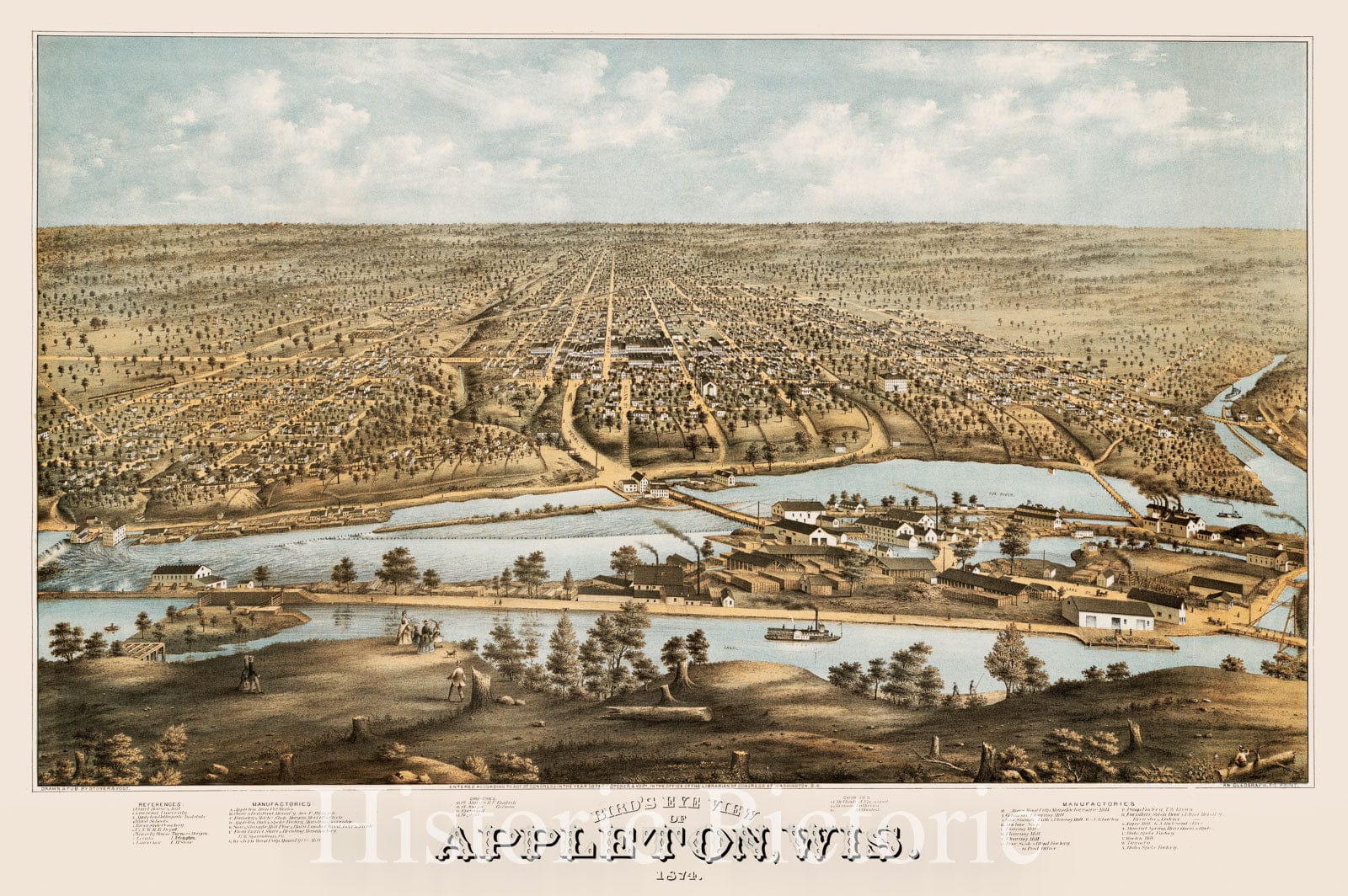 Historical Map, Bird's Eye View of Appleton, WIS : 1874, Vintage Wall Art