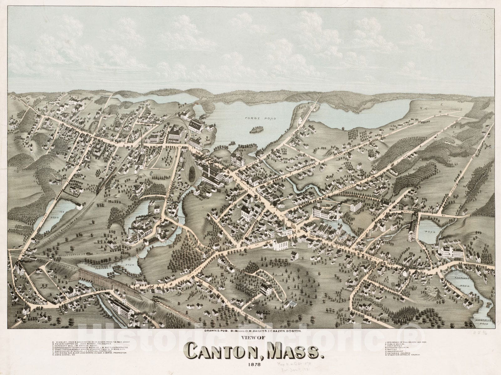 Historical Map, View of Canton, Mass : 1878, Vintage Wall Art